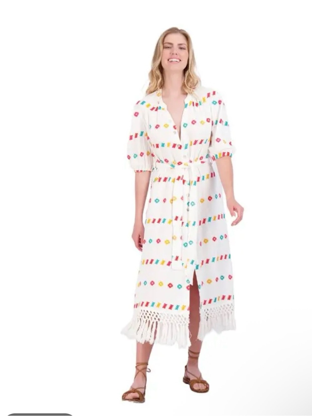 NEW MER ST. BARTH women's estelle fringed shirtdress in multi Size M NWT - Picture 1 of 5